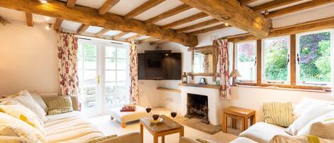 テレビ、暖炉、DVD プレーヤー、書庫