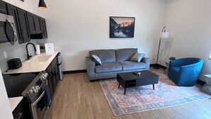 A modern kitchen with dark cabinets, a built-in oven, and a sink. A gray sofa and a black coffee table are in the living area, with a colorful rug on the floor. - 110- Brand New Studio near Glacier Park (Columbia Falls)