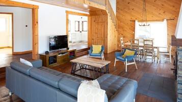 TV connectée, cheminée, livres, chaßne hi-fi