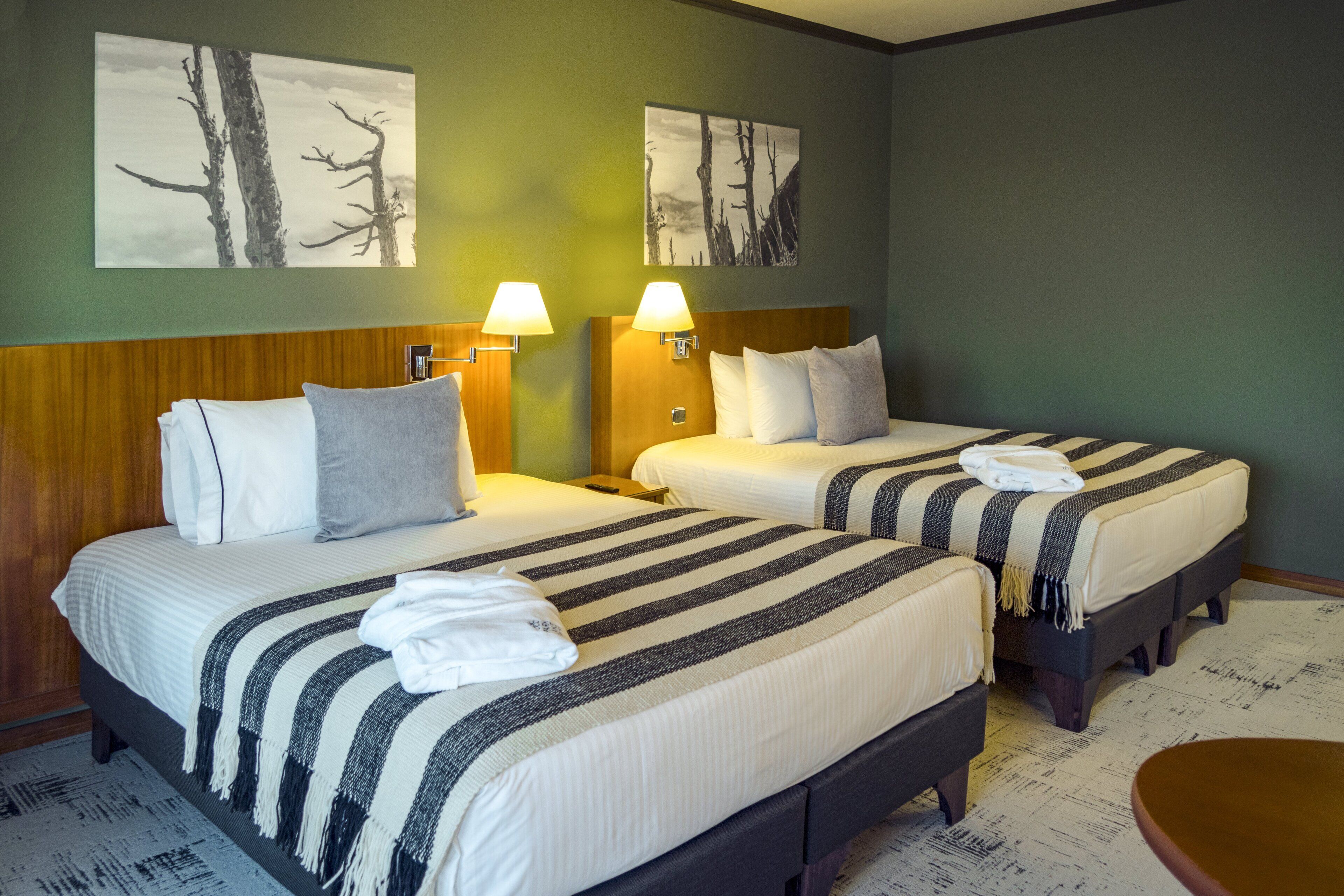 Habitación de hotel con dos camas, cada una con una manta y almohadas a rayas, cabeceros de madera y un cuadro con árboles.