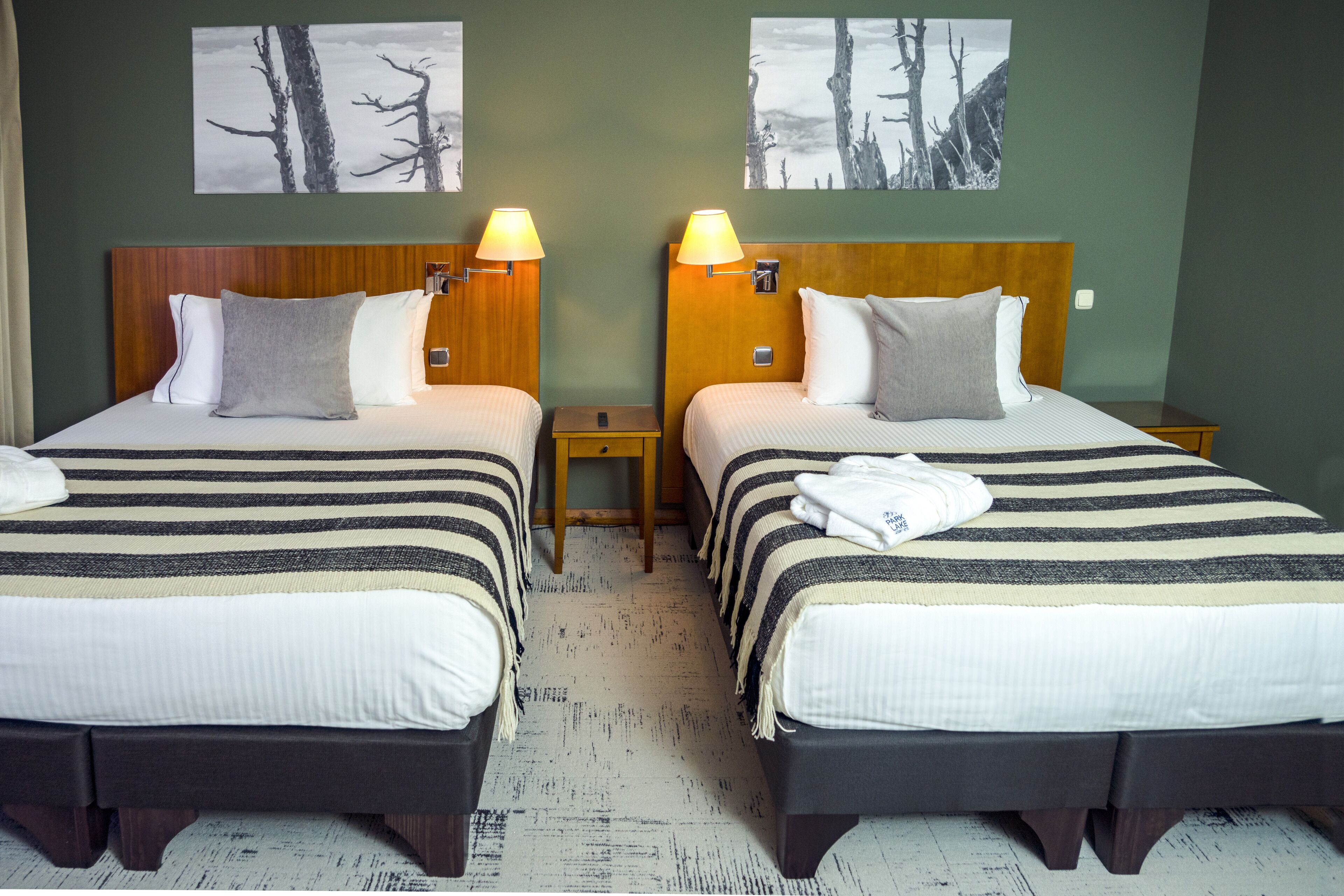 Two double beds with striped bedding, wooden headboards, bedside lamps, and a white carpet.