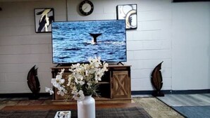 Een woonkamer met een televisie waarop een walvis te zien is, een witte vaas met bloemen en decoratieve muurkunst.