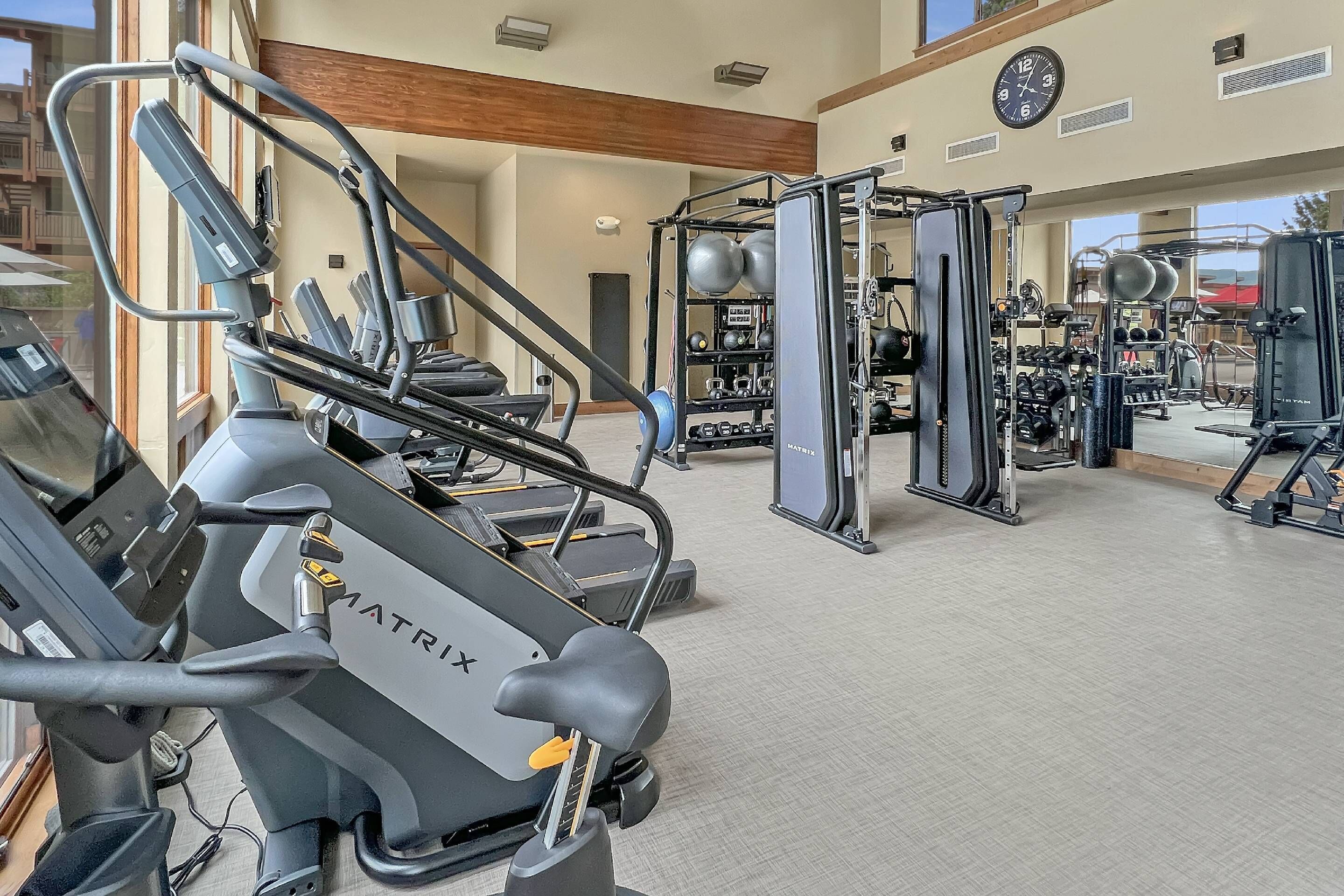 A gym with treadmills, weight machines, and free weights.