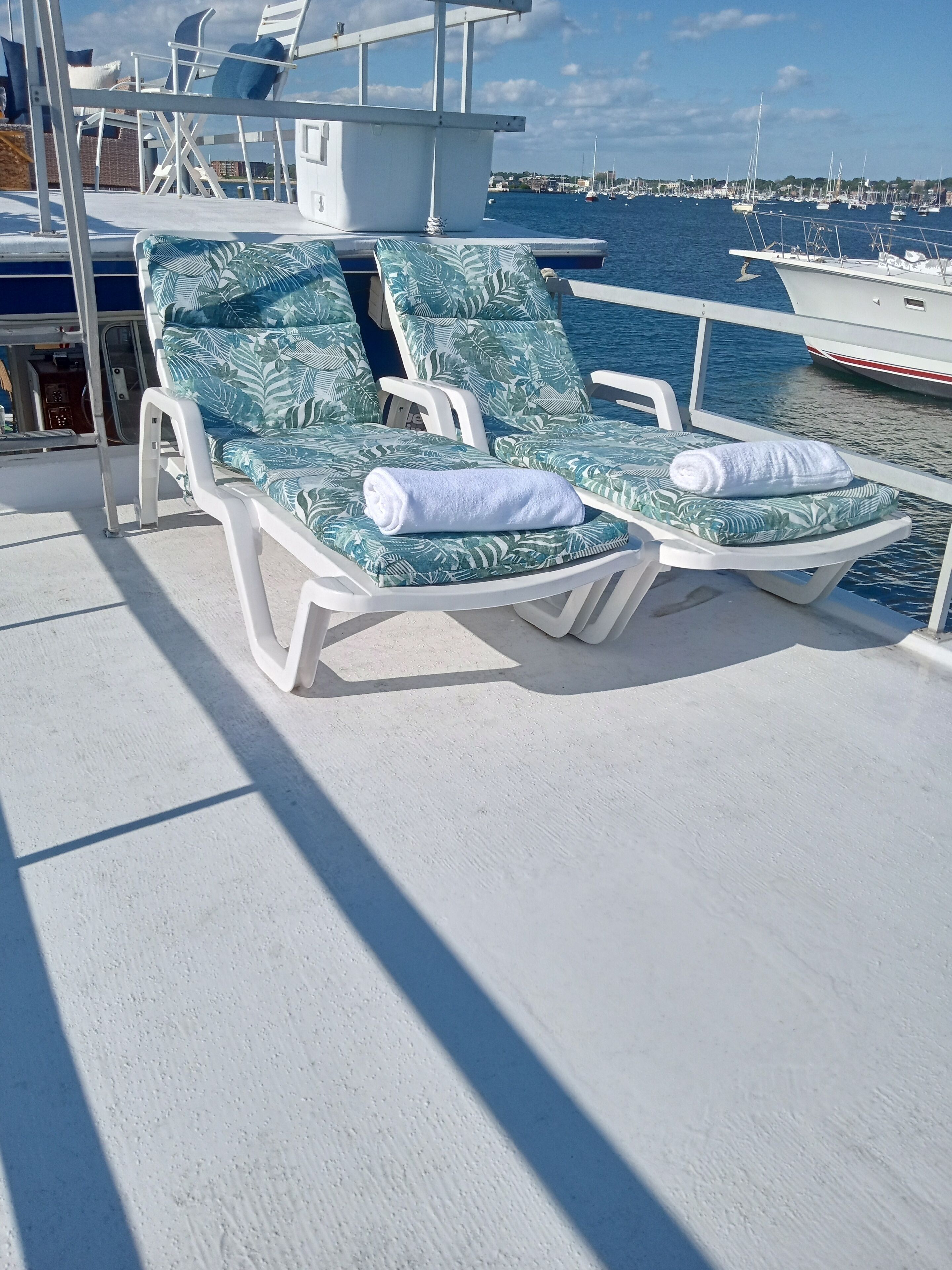 Twee lounge stoelen met bladmotieven op de kussens en een opgerolde handdoek.