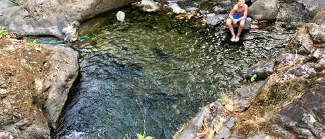 A person sitting on a rock by a clear stream surrounded by large rocks and greenery.