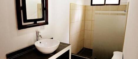 Une salle de bain avec un lavabo blanc, un miroir, des toilettes et un espace douche.
