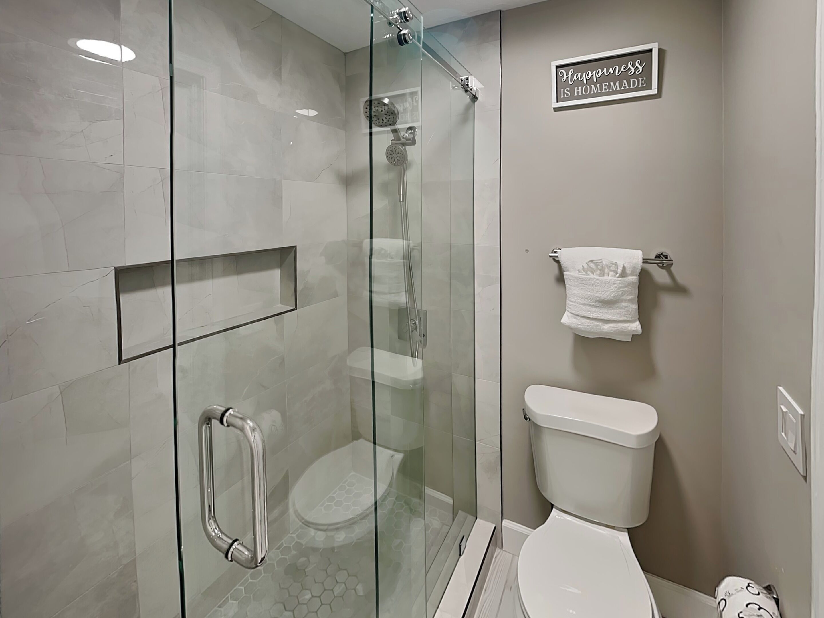 A modern bathroom with a glass-enclosed shower, a toilet, and a vanity with a towel rack.