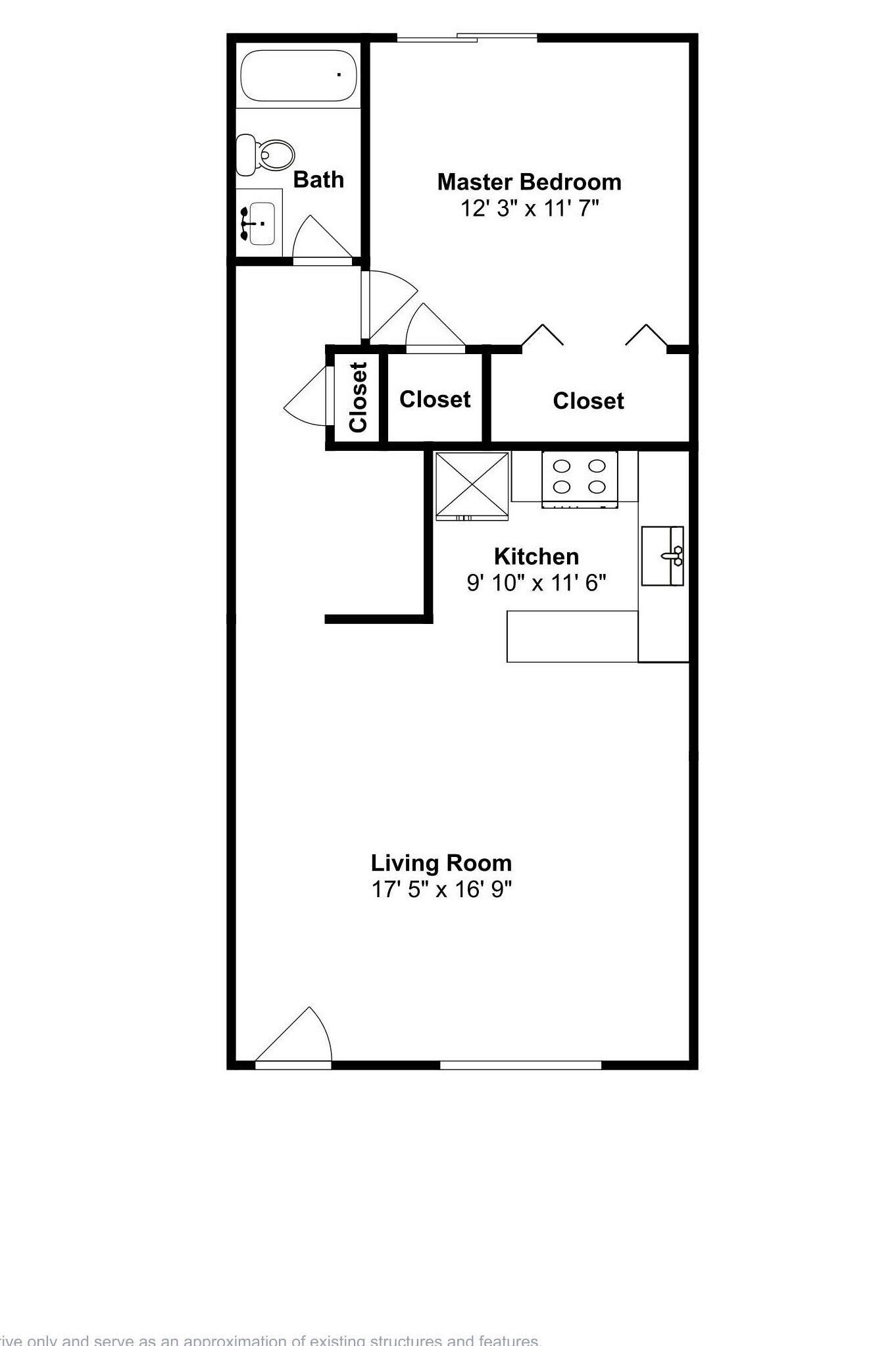 Plan d’étage d’une maison comprenant une chambre principale (3,73 m x 3,53 m), un salon (5,31 m x 5,08 m), deux placards, une salle de bain et une cuisine (3 m x 3,51 m).