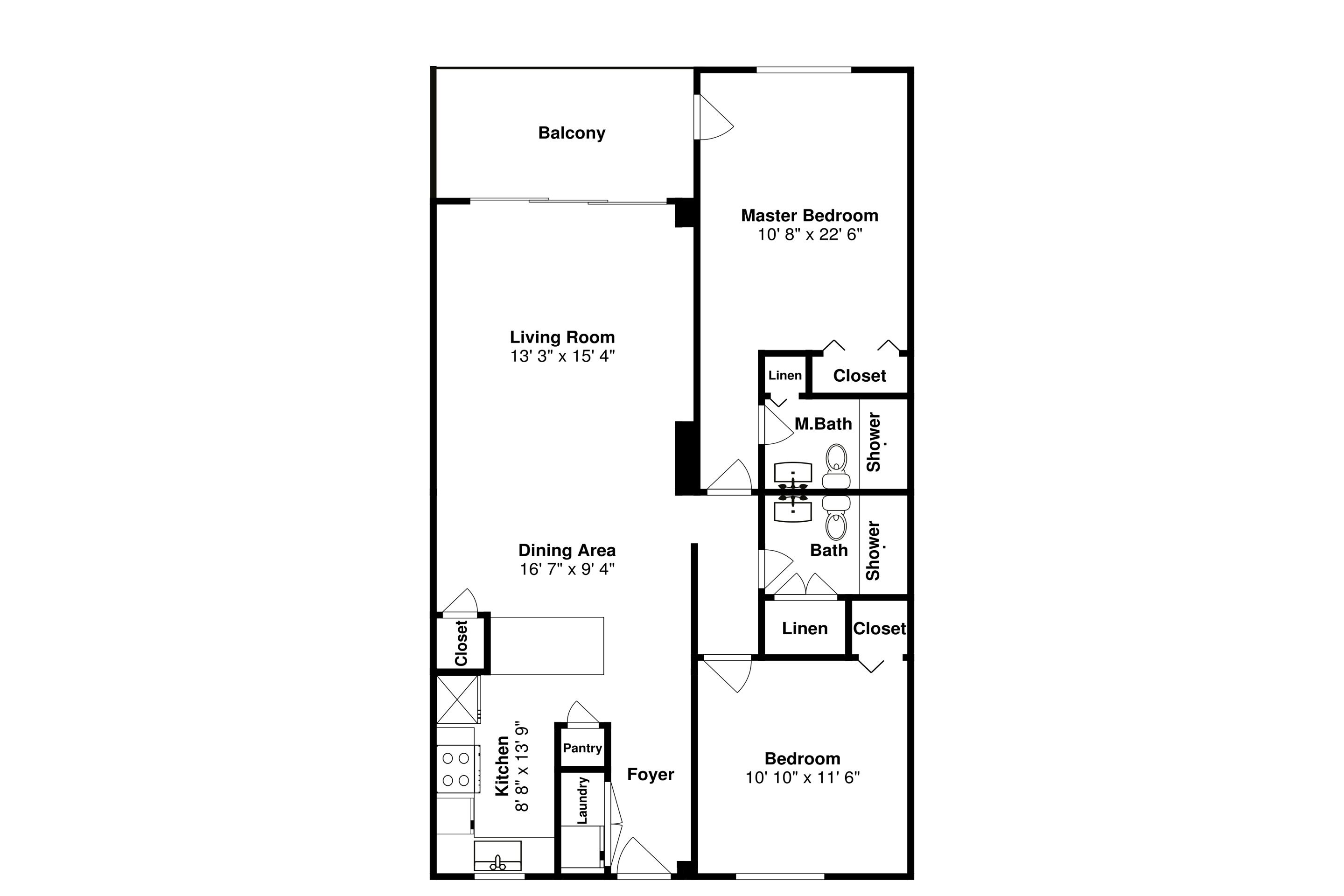 A floor plan of a hotel room with a balcony, master bedroom, living room, dining area, kitchen, pantry, and a separate bedroom.