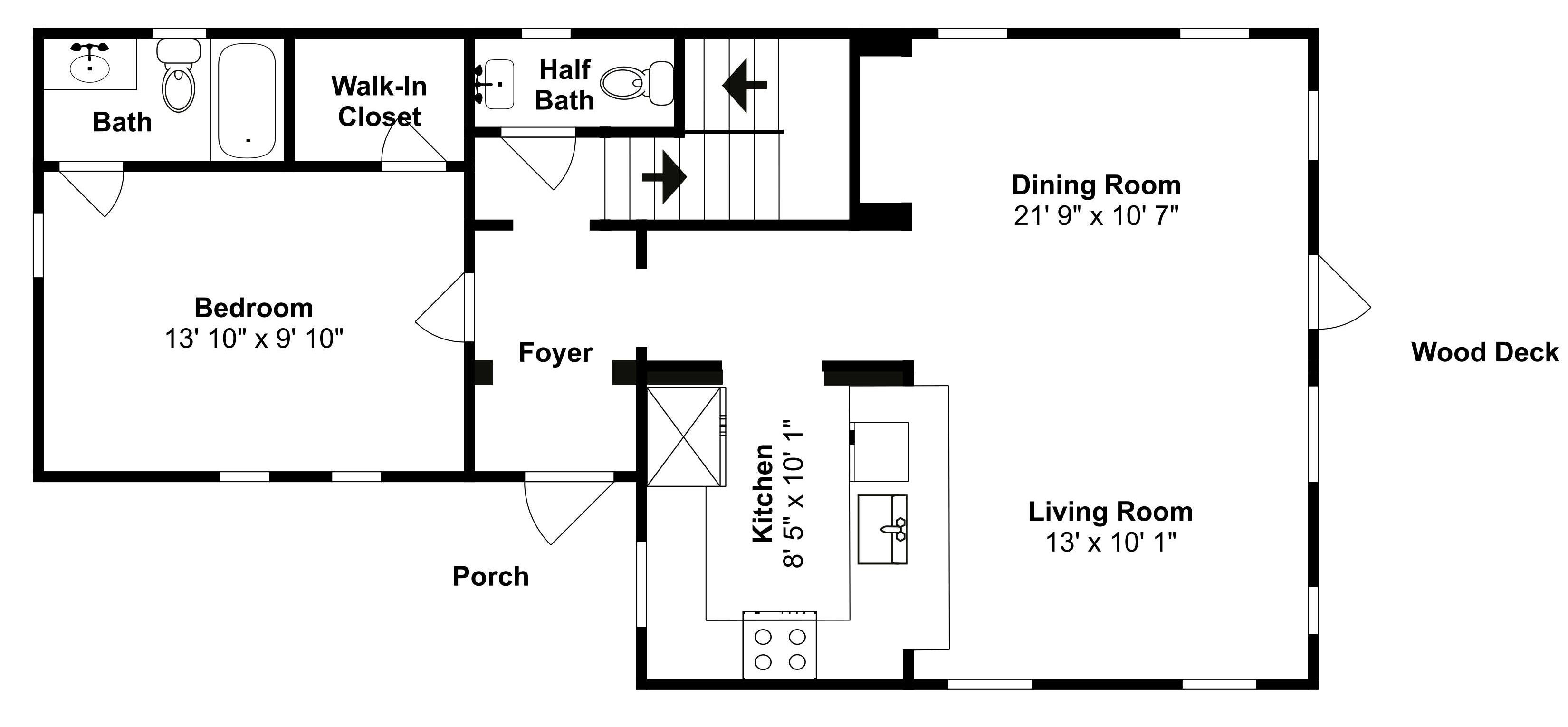 Een plattegrond met een slaapkamer, badkamer, inloopkast, gastentoilet, eetkamer, keuken, woonkamer, hal en veranda.