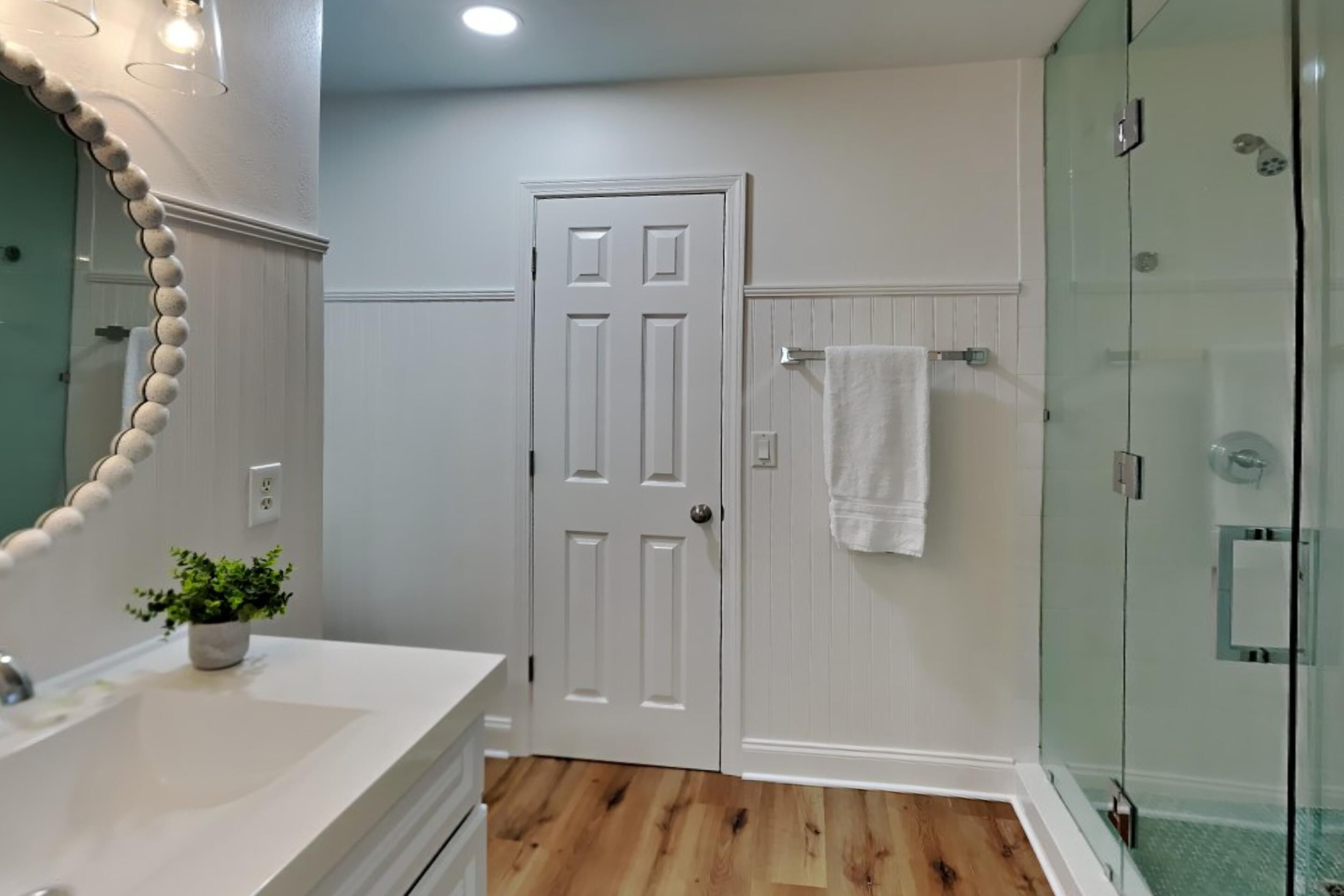 A bathroom with a white vanity, a door, a glass shower enclosure, and a potted plant.