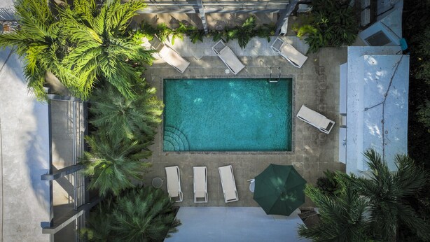 Oversigtsbillede af et rektangulært poolområde med liggestole og parasoller, palmer og en beton terrasse.