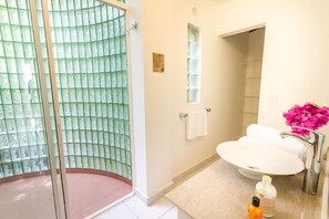 Douche, sèche-cheveux, serviettes fournies, savon