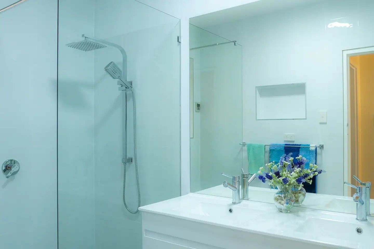 Hair dryer, towels, soap, toilet paper