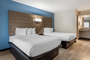 Standard Room, 2 Double Beds, Non Smoking, Kitchenette | Desk, laptop workspace, bed sheets