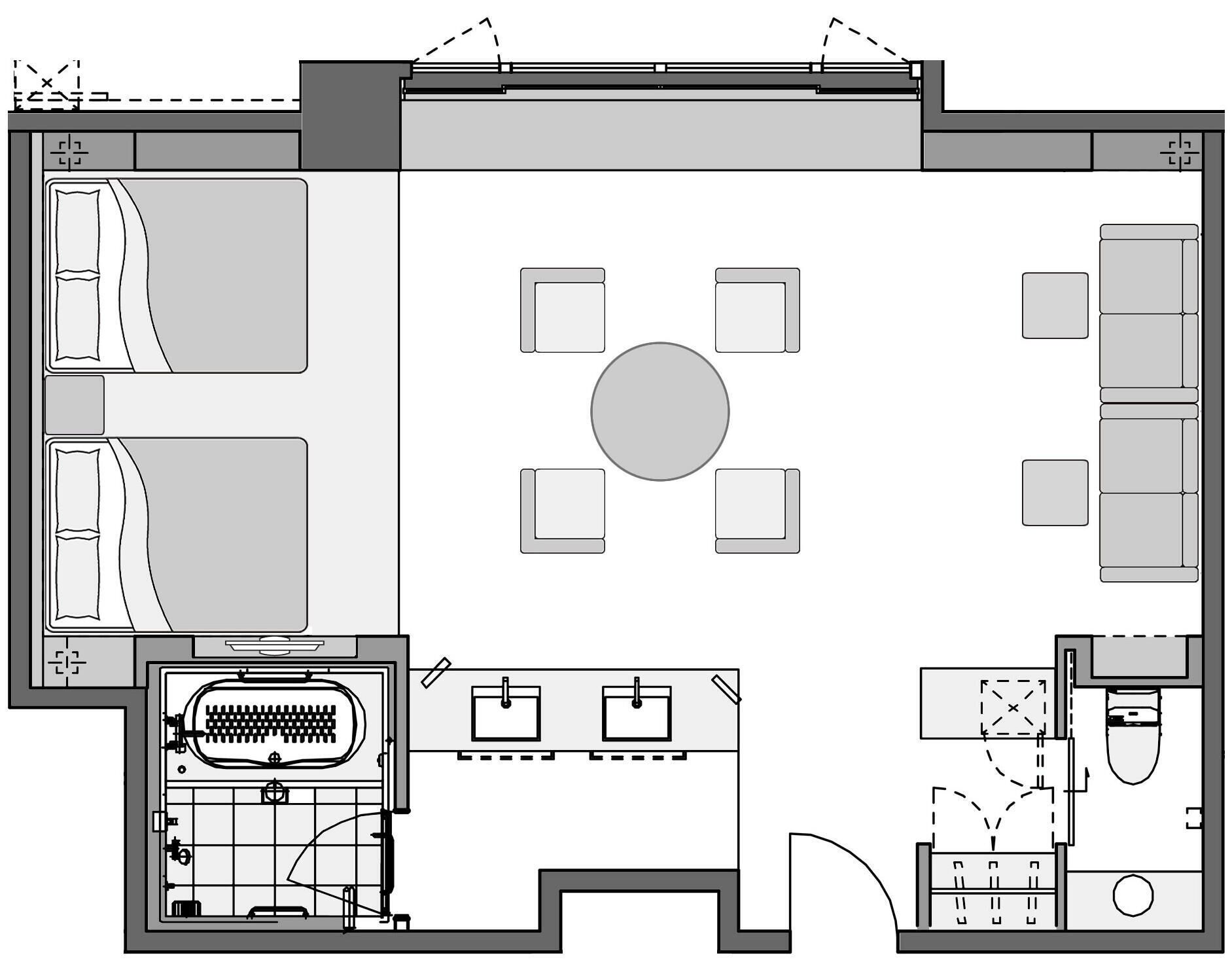 A hotel layout with a central seating area, a pool, and separate guest rooms.