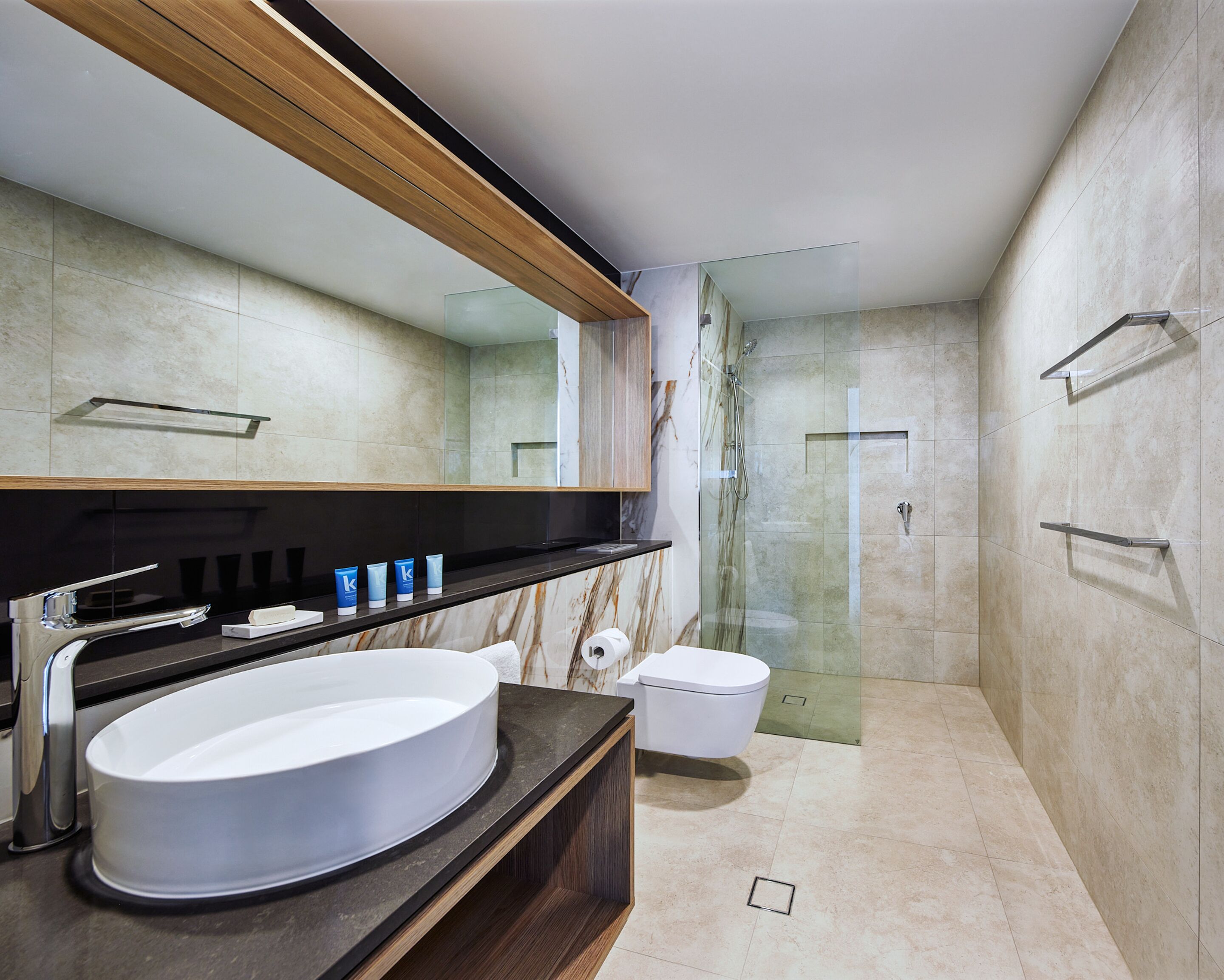 Une salle de bain moderne avec un grand lavabo, des toilettes et une douche à parois de verre.
