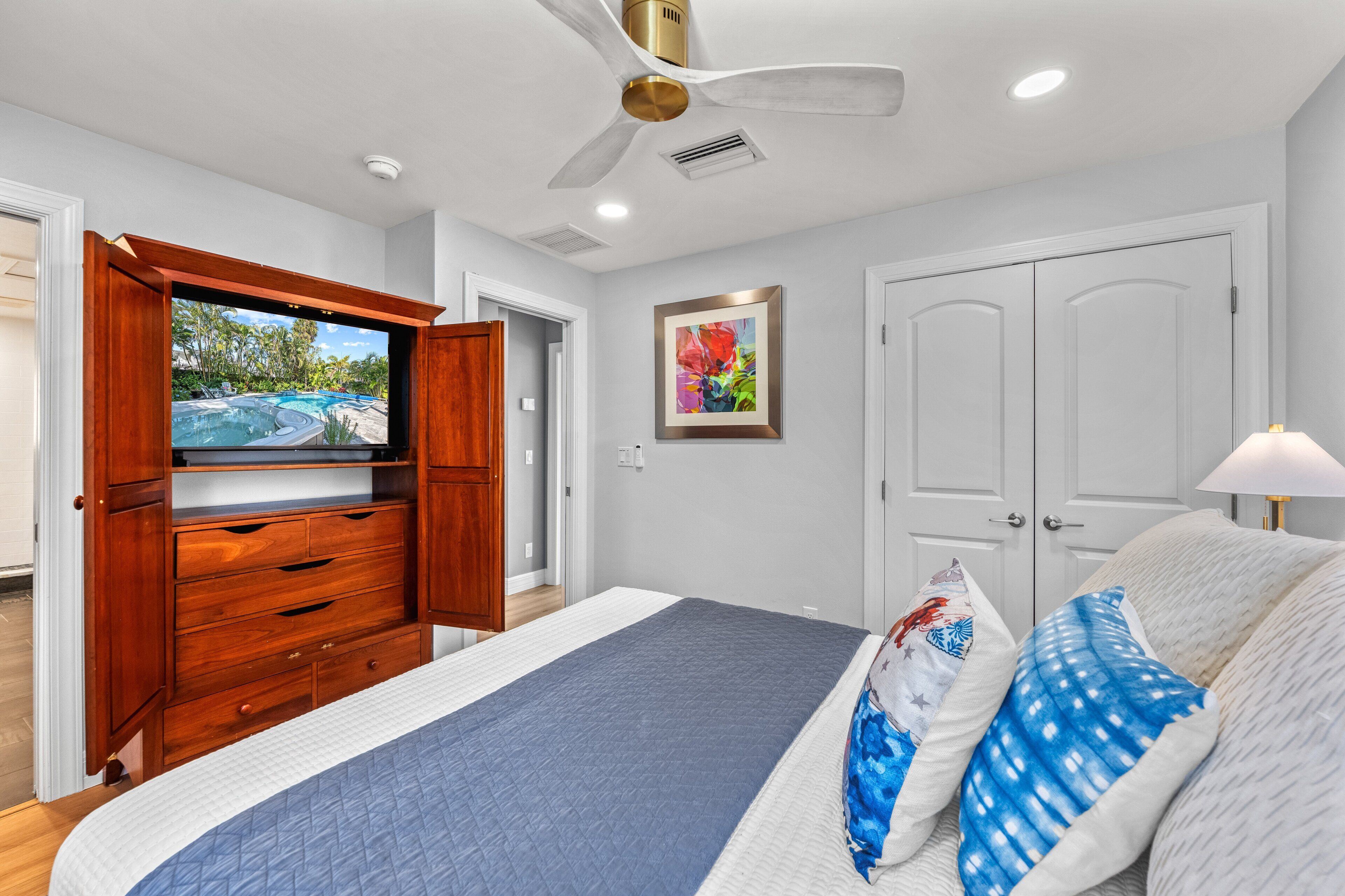 A bedroom with a bed, a TV, a ceiling fan, a painting, and a door.