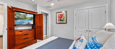 A bedroom with a bed, a TV, a ceiling fan, a painting, and a door.
