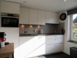 Fridge, stovetop, dishwasher, coffee/tea maker