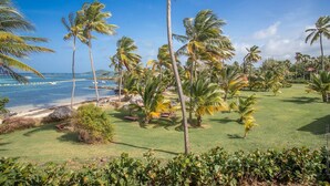 A tropical resort with a beach view, palm trees, and a well-maintained lawn.