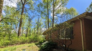 A small brick building with a covered porch, surrounded by dense trees and greenery. - 3 bd 2 ba 1700 sq ft renovated home secluded yet close to many area attractions (Sylva)