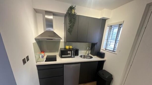 A compact kitchen with dark cabinets, a stainless steel sink, and a microwave. - Remarkable Studio flat in Cambridge (Cambridge)