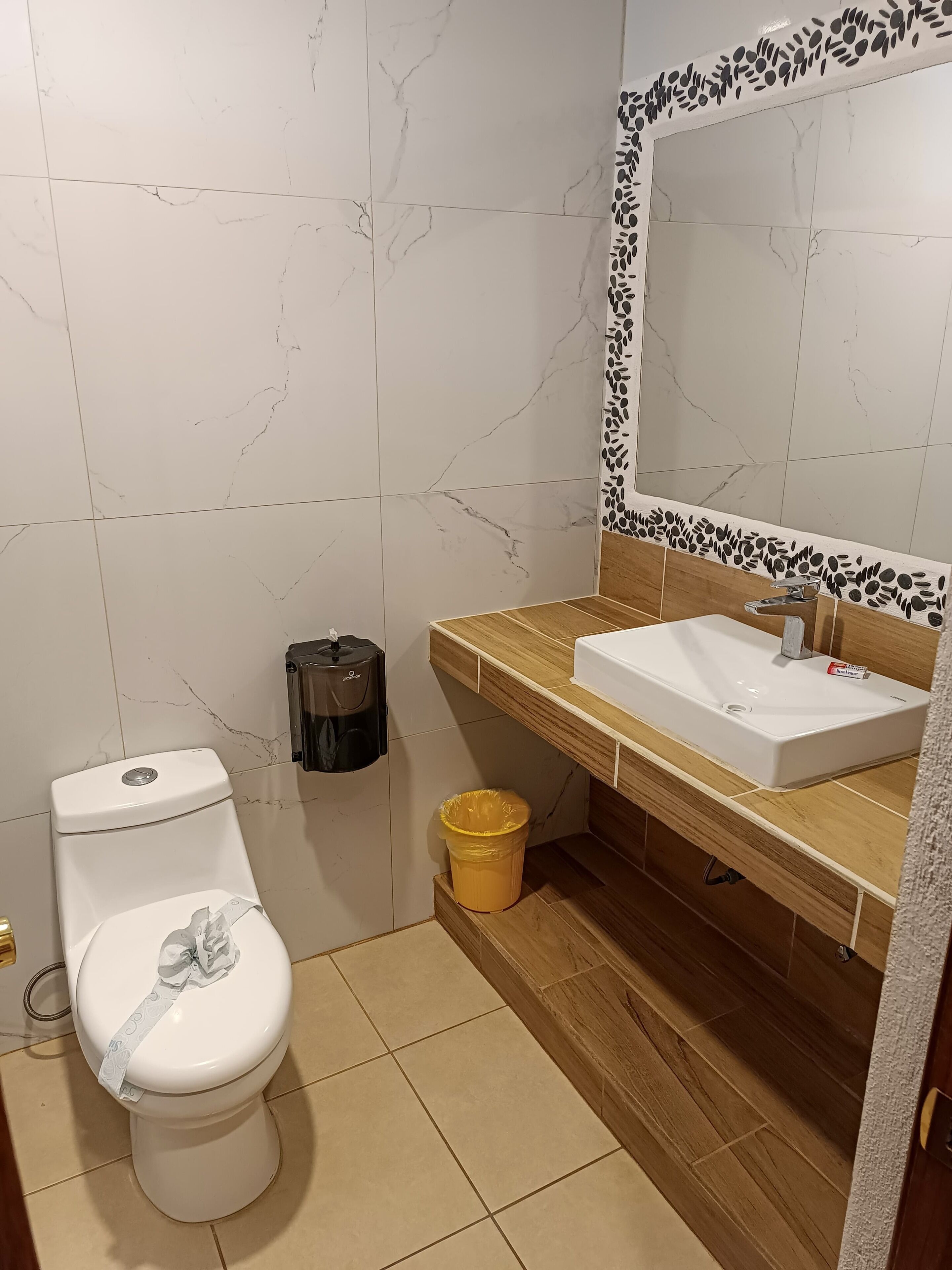 Ein Badezimmer mit Toilette, Waschbecken, Spiegel und Mülleimer.