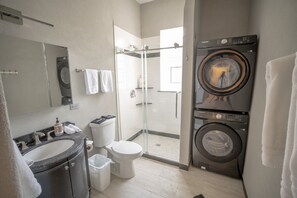 Hair dryer, towels, soap, shampoo
