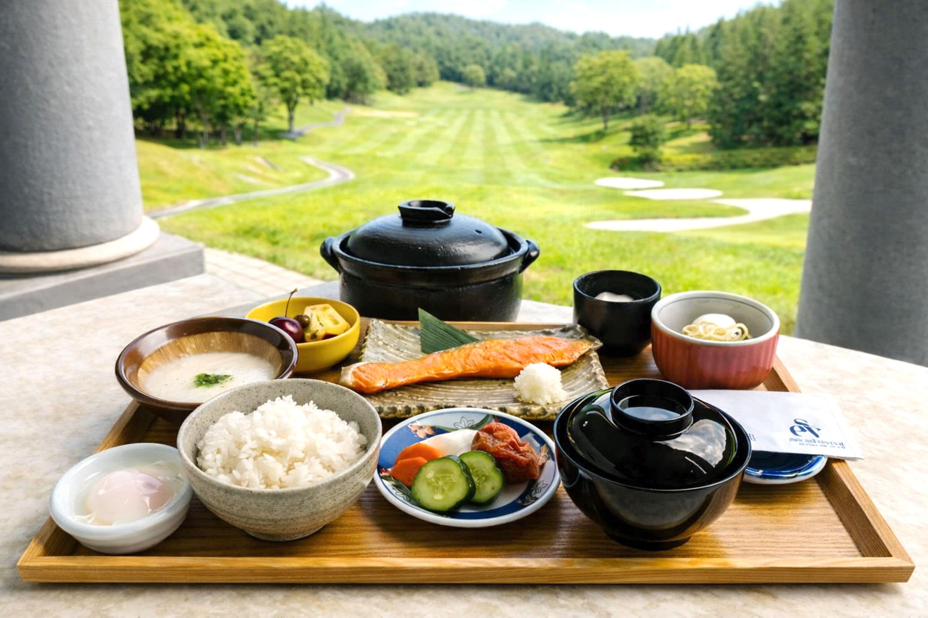 A tray with various Japanese dishes, including rice, salmon, and vegetables, set against a scenic view of a green landscape.