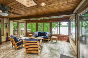 TV, fireplace, books