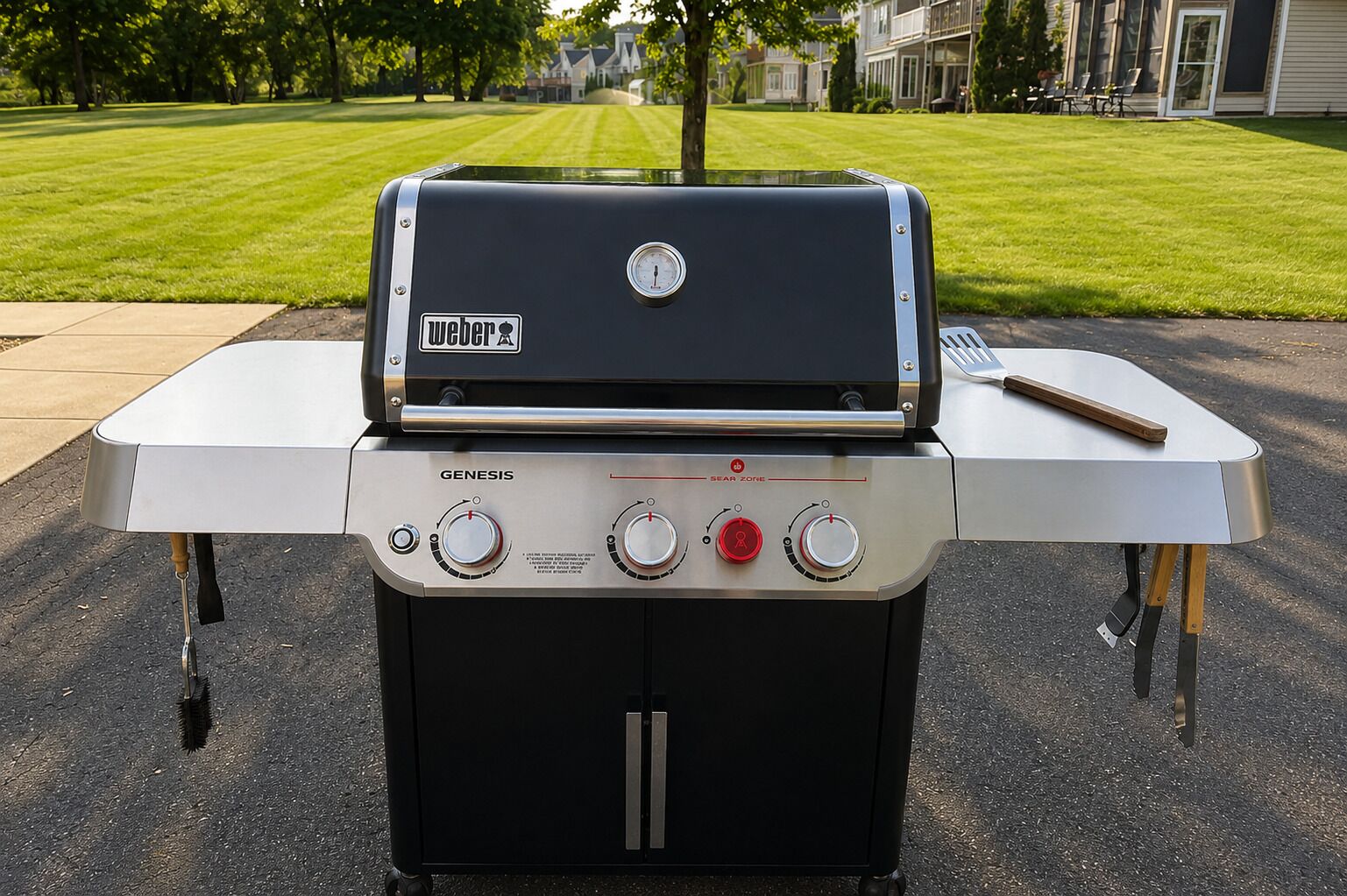 A portable Weber Genesis grill with a SEAR ZONE feature, placed on a concrete surface.
