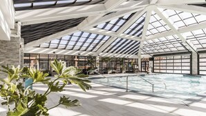 Een binnenzwembad met een hoge plafond en dakramen, omringd door zitgedeeltes en potplanten.