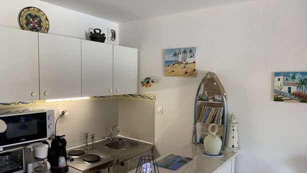 A kitchen with white cabinets, a microwave, coffee maker, and a sink. There are decorative items on the counter and wall art above the sink. - Studio in Pin Rolland, beach and shops on foot (ST MANDRIER SUR MER)