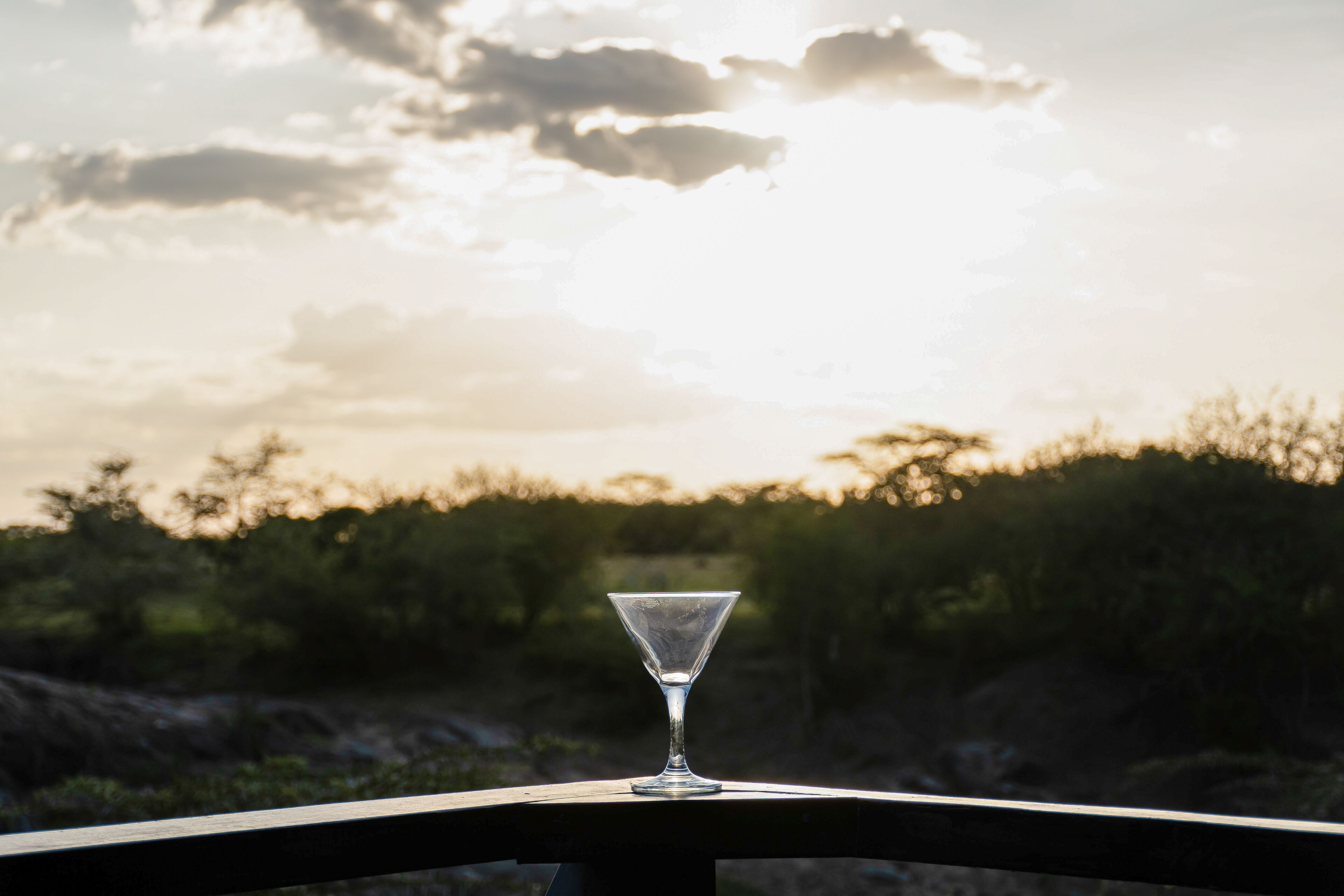 Un vaso de agua transparente sobre una mesa de madera, con vista a árboles y un cielo nublado.