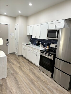 Presidential Suite | Private kitchen | Full-size fridge, microwave, freezer, paper towels - Seaport Suites (Wildwood)