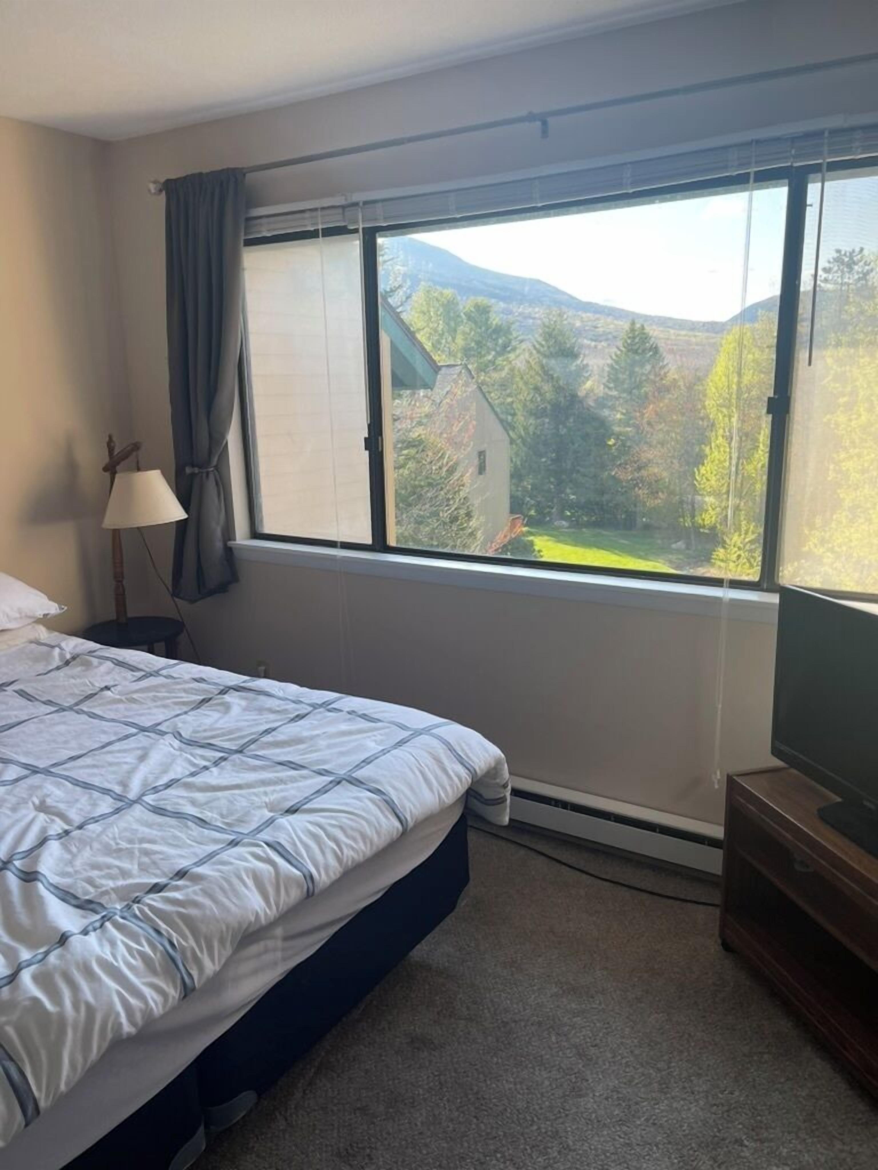 A bedroom with a bed, a TV on a stand, a window with curtains, and a lamp.