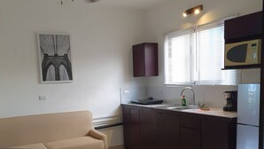 A compact kitchen with a sofa, a ceiling fan, a microwave, and a window with blinds. - Marina Loft Condo #214 (Sardinal)