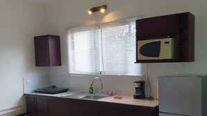 A compact kitchen with a built-in microwave, a sink, and a refrigerator. - Marina Loft Condo #214 (Sardinal)