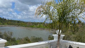 A balcony with two black chairs, a table with fruits, and a potted plant. - Private Villa and Pool With Lake Views and Sunset Terraces at The Grove (Corfu)