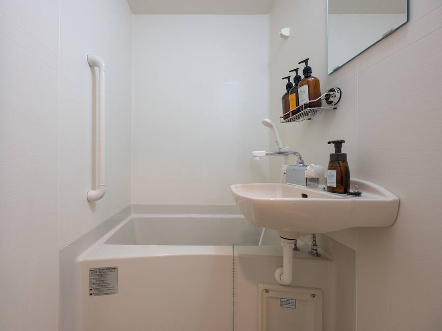 A bathroom with a white sink, a mirror, and a shelf with toiletries.
