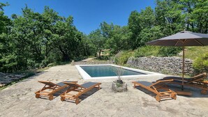 Un área de piscina con una pileta rectangular, rodeada de sillones de descanso y una sombrilla.