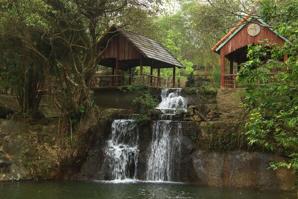A rustic wooden structure with a thatched roof, a small waterfall, and a pond.