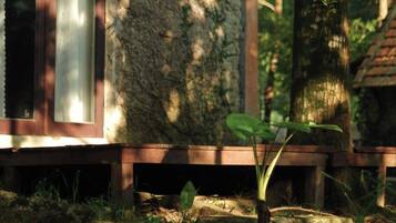 A small, rustic cabin with a sloped roof, surrounded by dense forest.