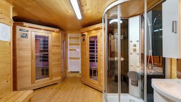 Ein Holzinterieur mit Sauna, einer gläsernen Dusche und einer hölzernen Sitzbank.