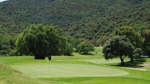 Un campo de golf con un mástil de bandera, árboles y un paisaje ondulado de fondo.