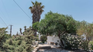 A residential area with a white building, a palm tree, and dense vegetation. - Holiday Home 'Green Retreats 5 Paros' with Mountain View, Wi-Fi and Air Conditioning (Glifades)