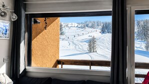 Una habitación con un amplio ventanal con vistas a un paisaje montañoso nevado.