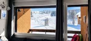 A room with a large window overlooking a snowy mountain landscape.
