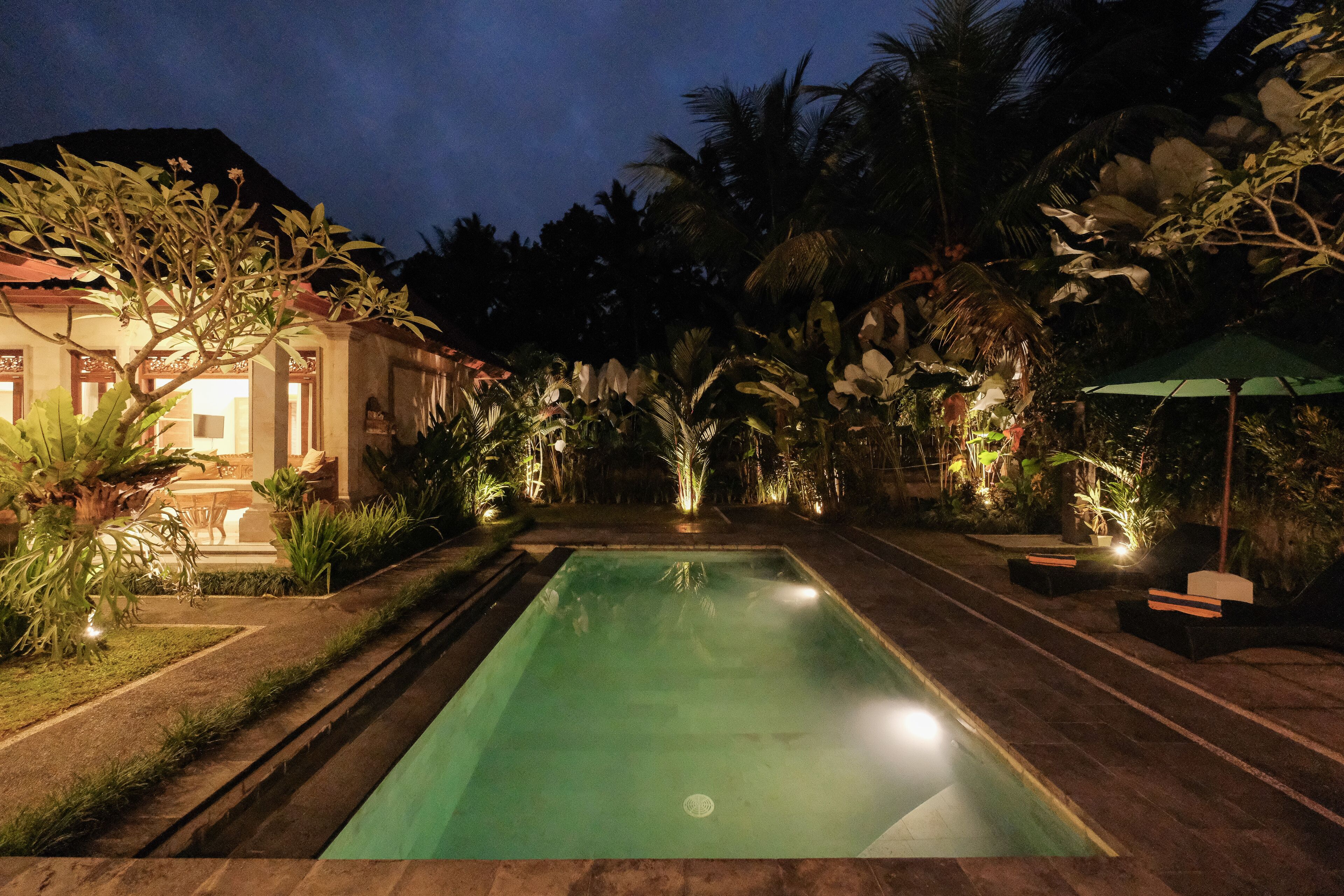 A swimming pool with surrounding lounge areas and tropical plants.
